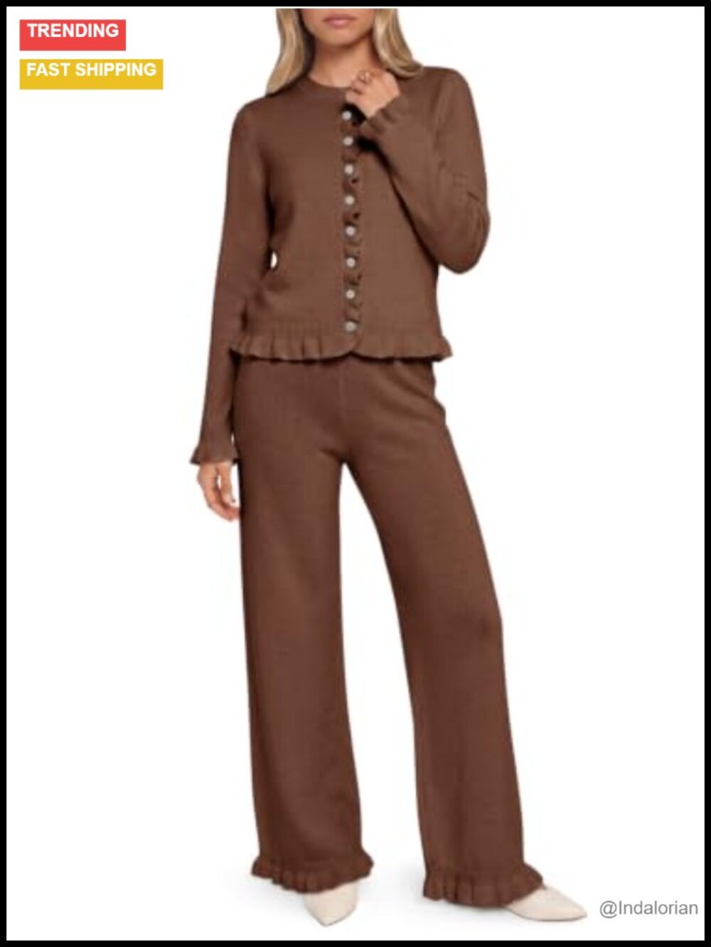 Womens Knit Lounge Set Ruffle Cardigan Wide Leg Pants 2 Piece Outfit